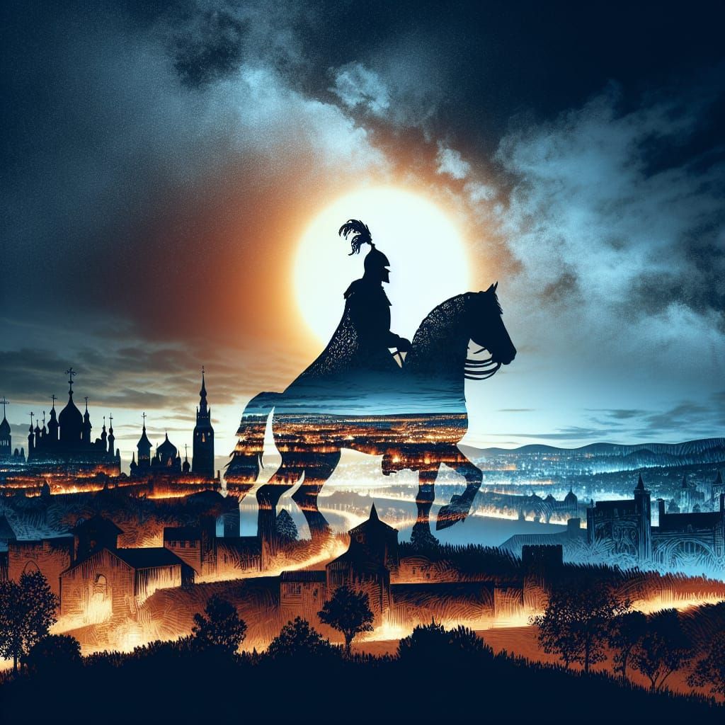 Medieval Knight Between Day and Night in Double Exposure