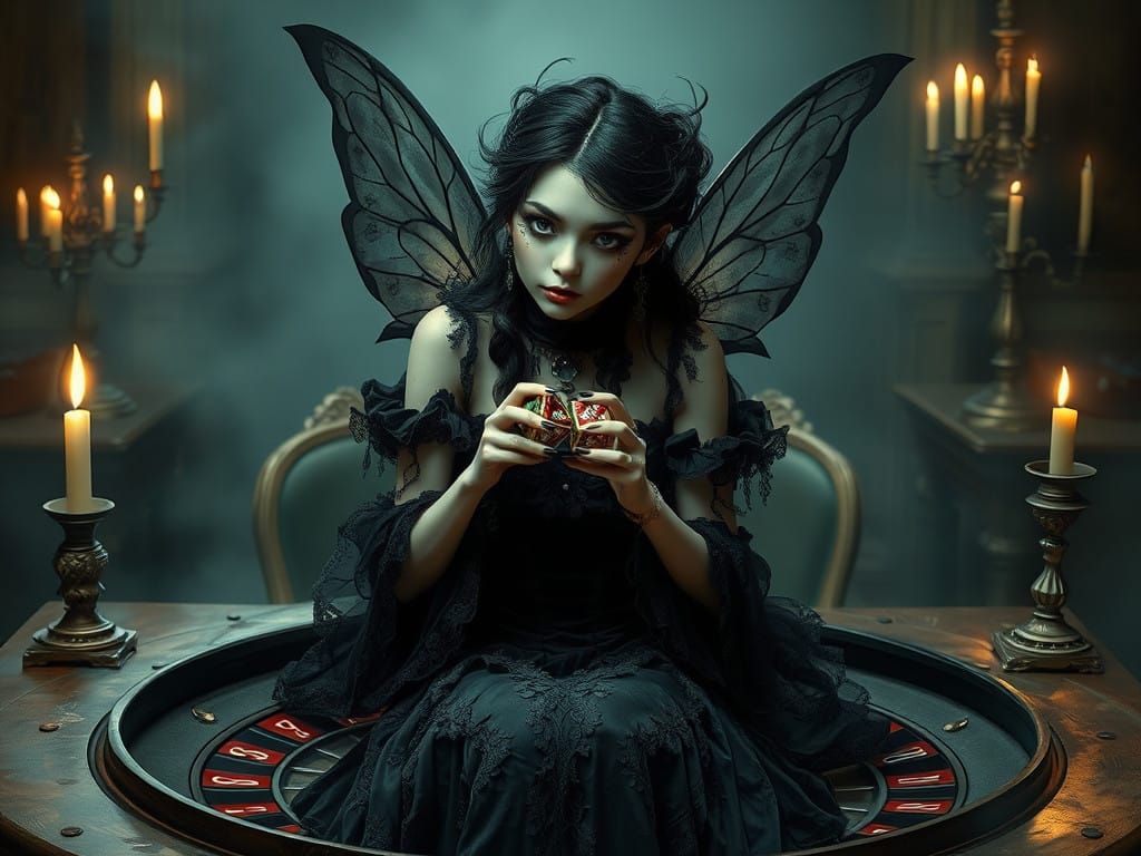 Dark Pixie Roulette Enchantress in Gothic Oil Painting Style