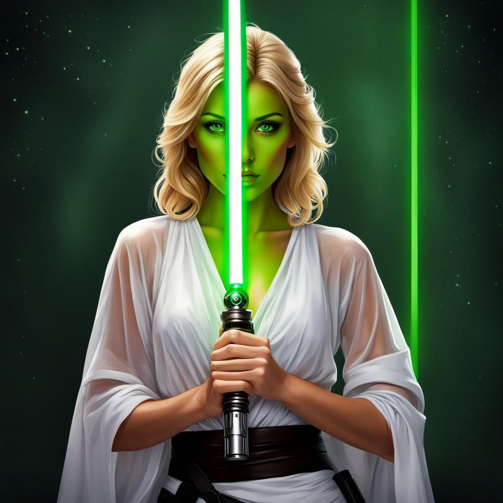 Blonde Jedi Girl with Green Lightsaber