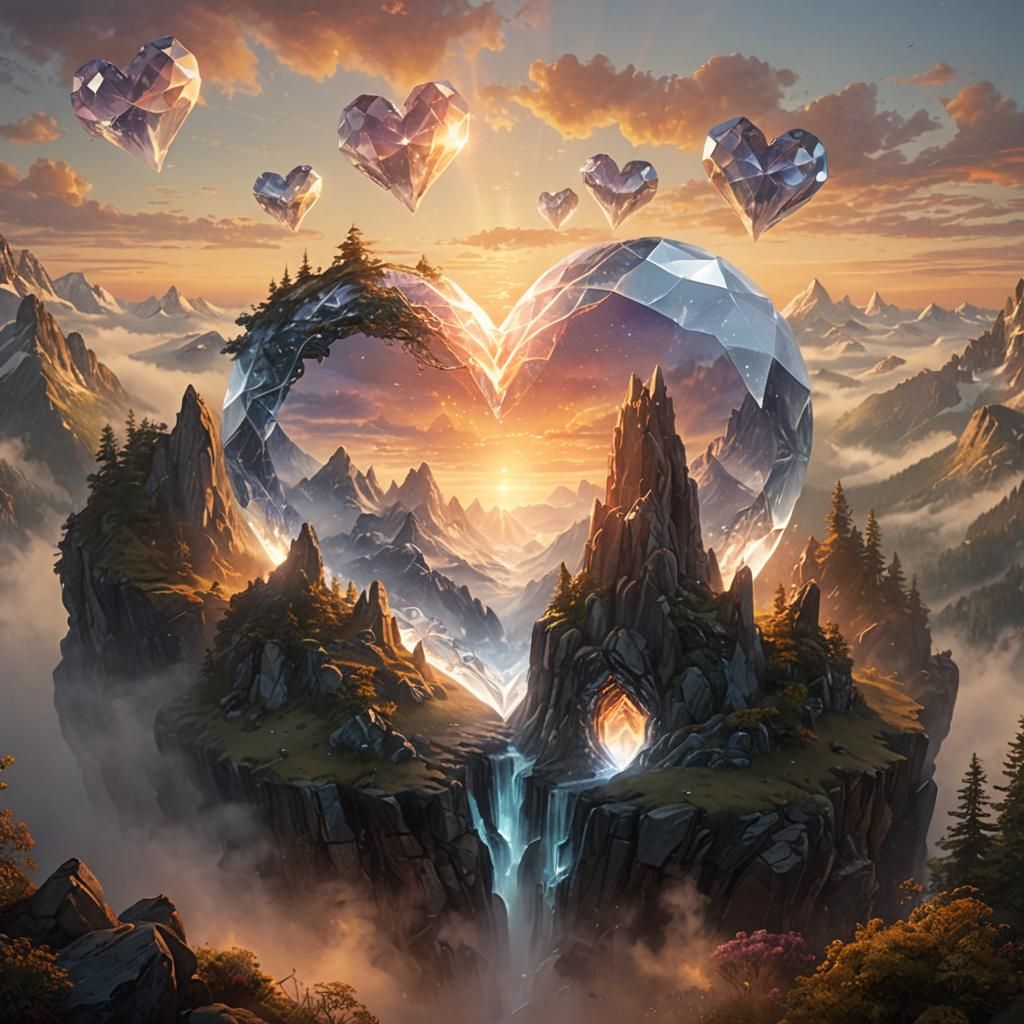 Mystical Crystal Heart on Mountain Peak in Digital Art