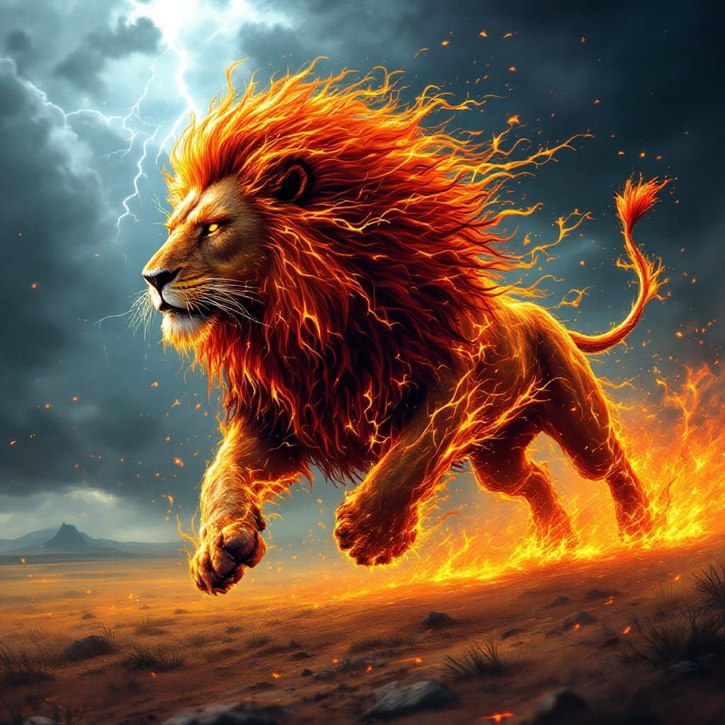 Fiery Lion Running Through Stormy Savannah