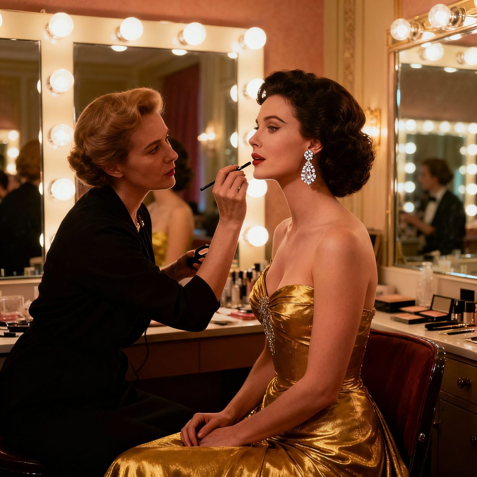 Glamorous Hollywood Actress Styled in Classic Dressing Room
