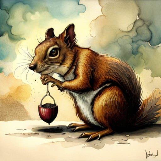 Punk Squirrel and Acorn in Gouache Style