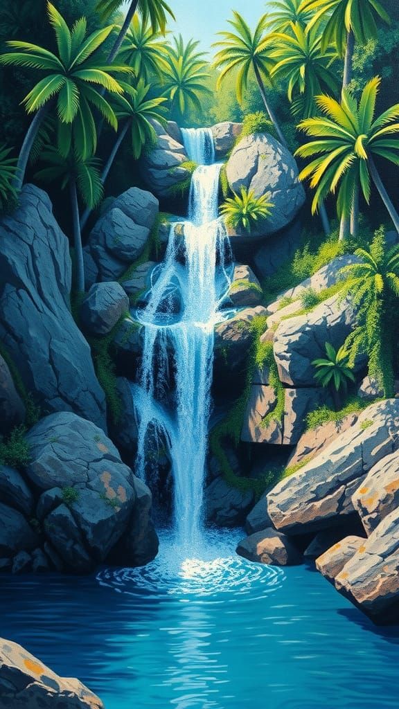 Tropical Waterfall in Blue Lagoon: Impasto Acrylic Painting