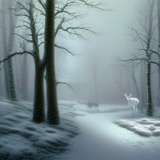 Ethereal Buck in Snow-Covered Woods