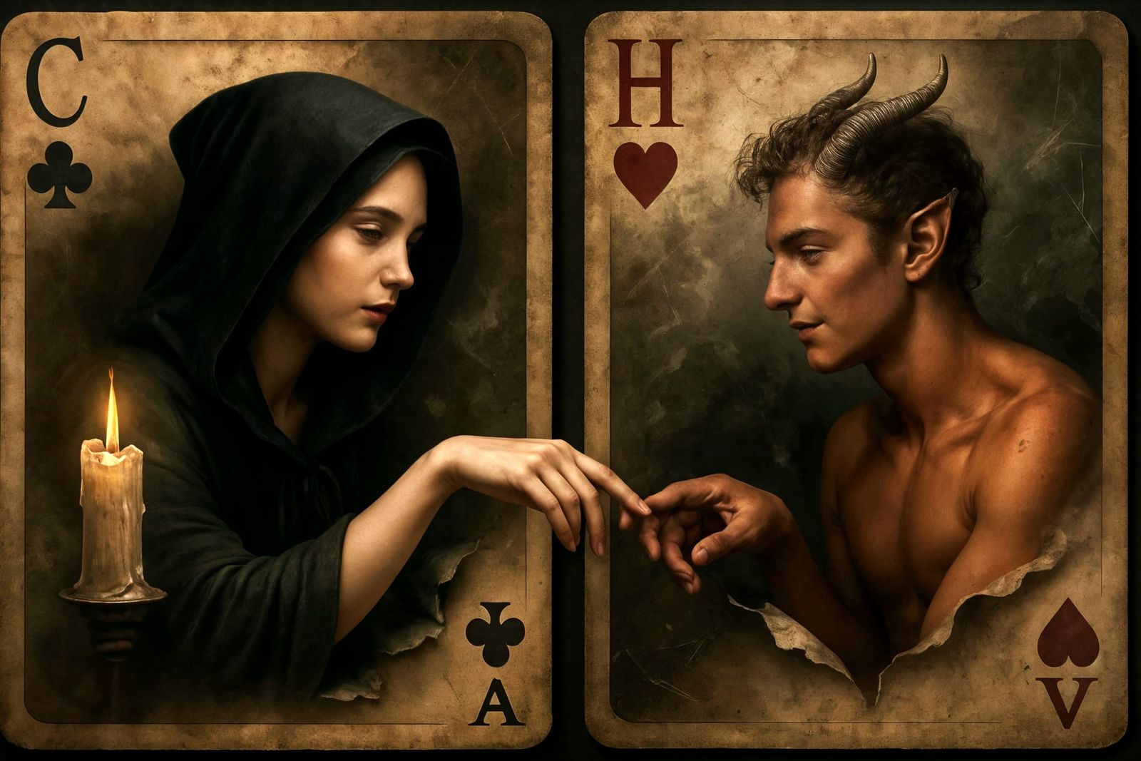 Witch and Devil Playing Cards in Eerie Romance