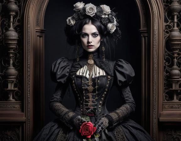 Detailed Gothic Actress Portrait Surrounded by Roses