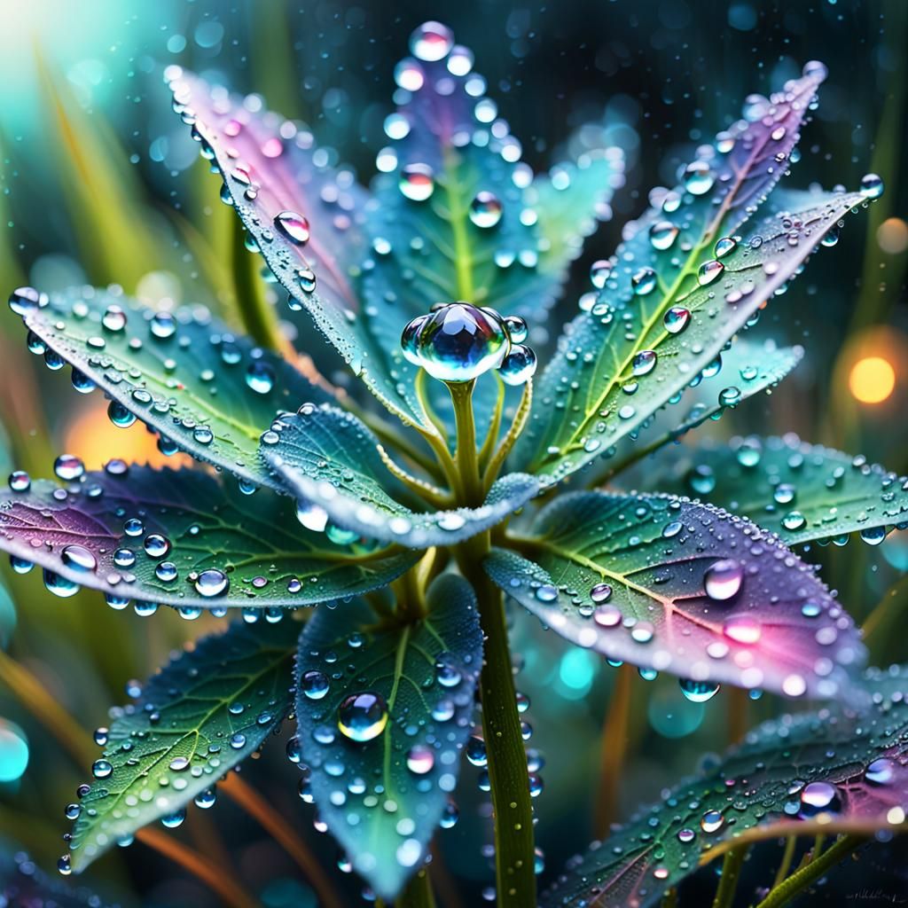 Dewdrops on Magical Bioluminescent Plant, Astral Illustratio...