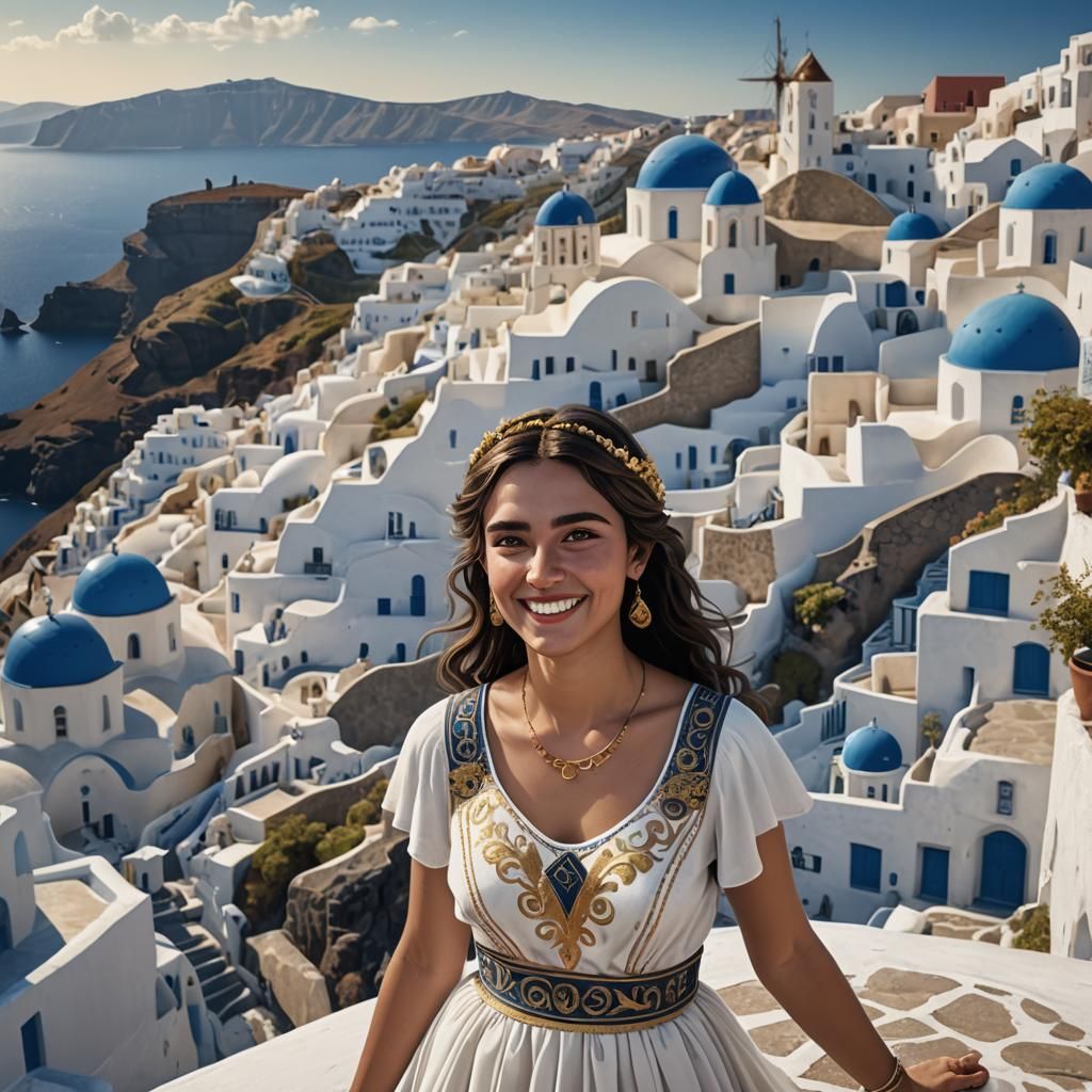 Greek Woman in Traditional Dress, Santorini Backdrop
