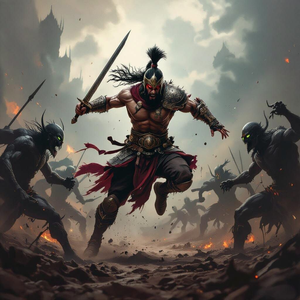 Warrior Leaping Across Battlefield in Sports Photography Sty...