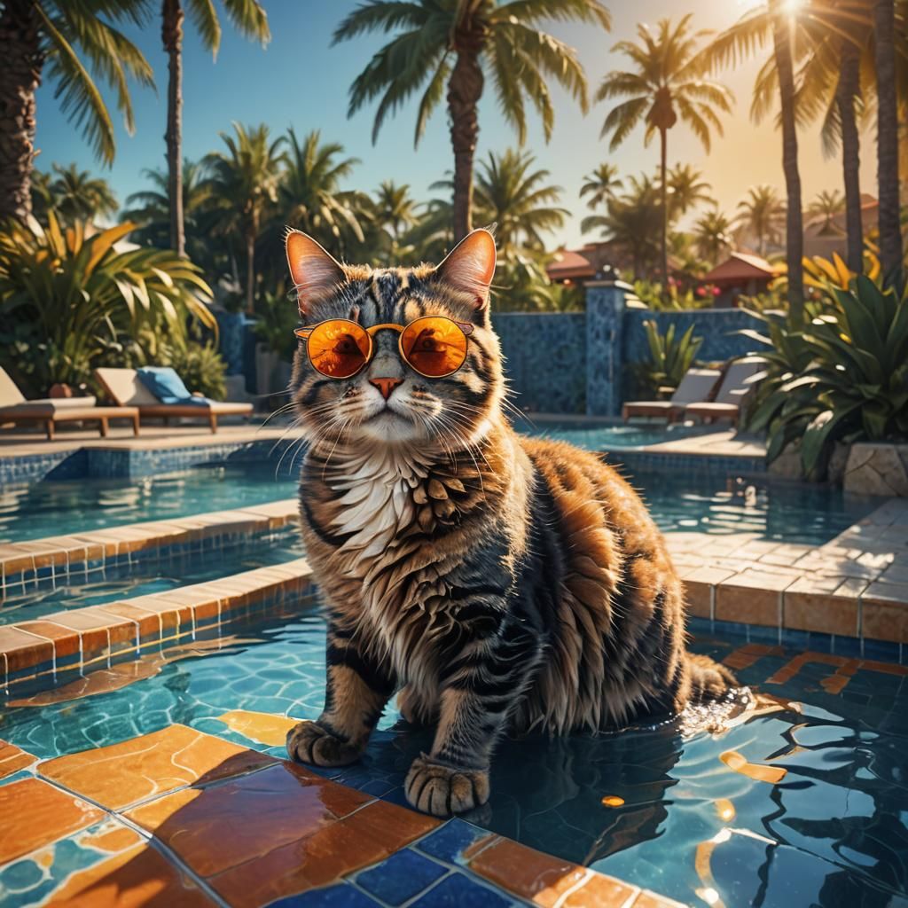 Cat with Sunglasses: Matte Painting Poolside
