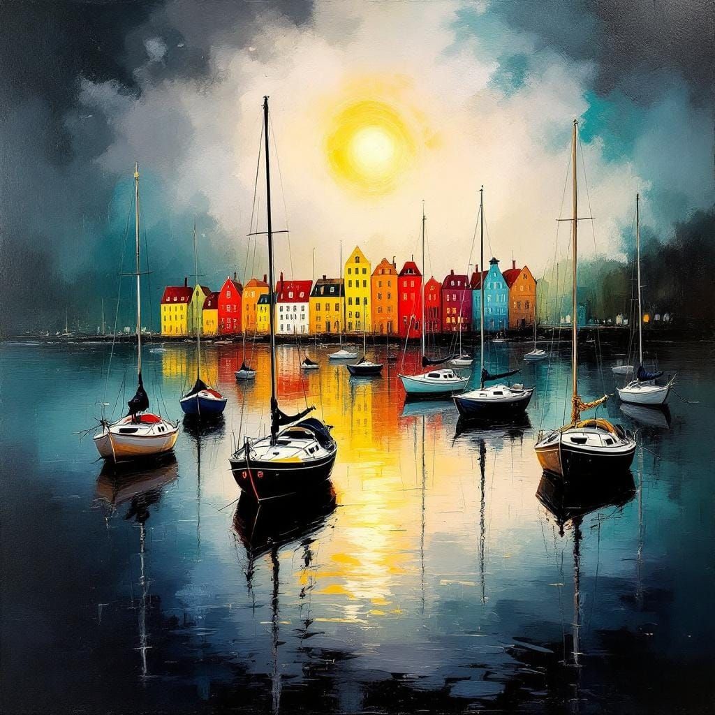 Colorful Sailboats Reflecting Abstract Cityscape in Moody Oi...