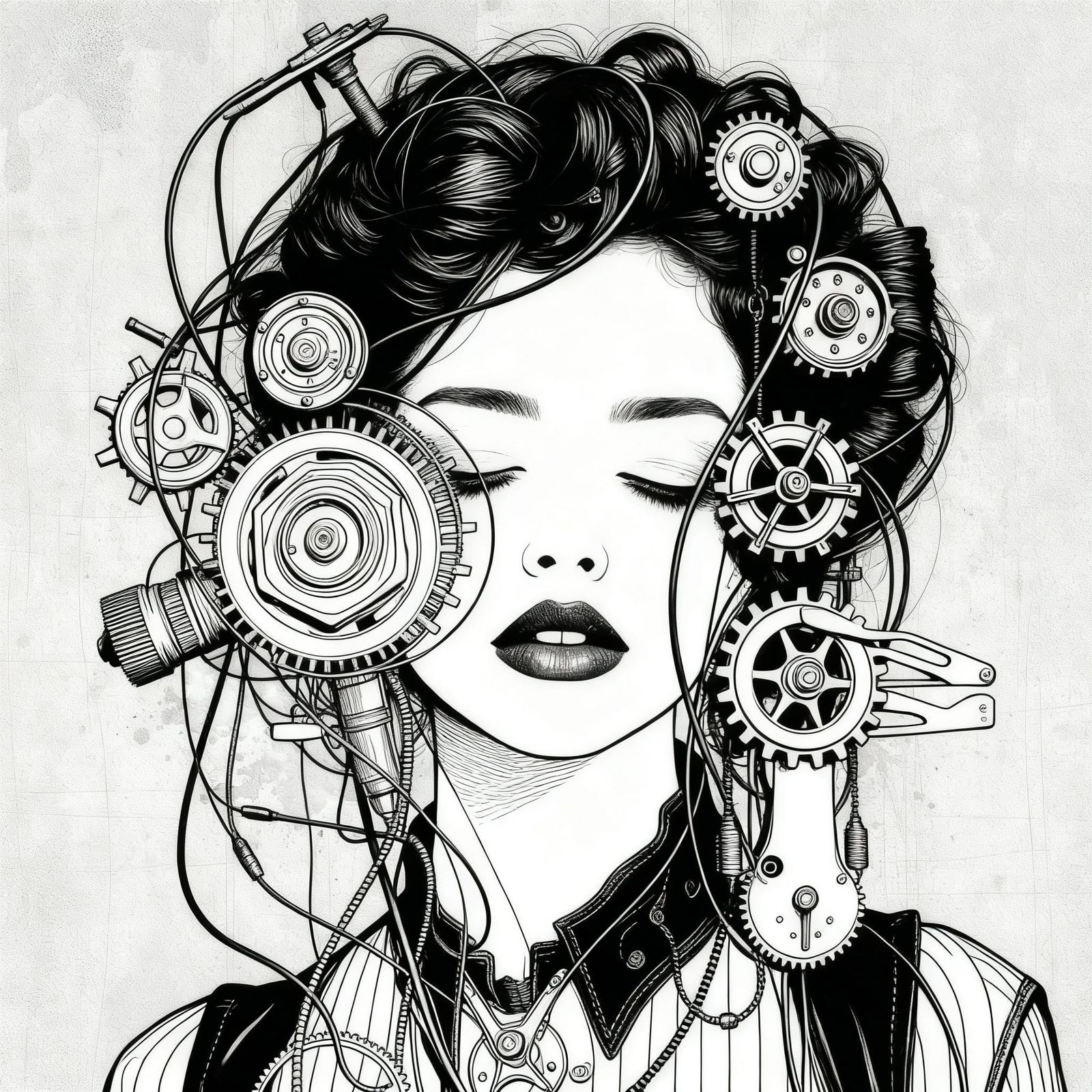 Steampunk Woman in Abstract Mechanical Dreamscape