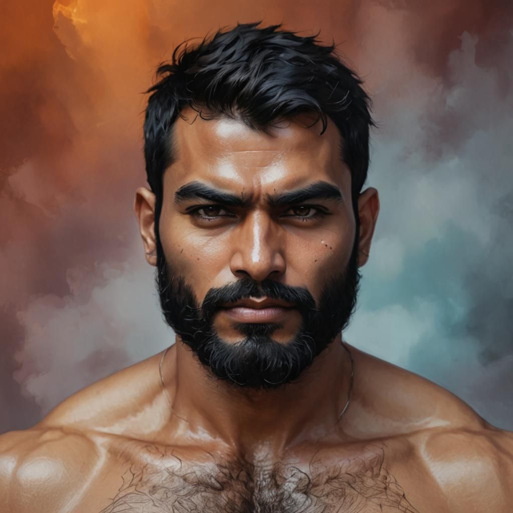 Hirsute Indian Man Portrait in Alcohol Ink Style