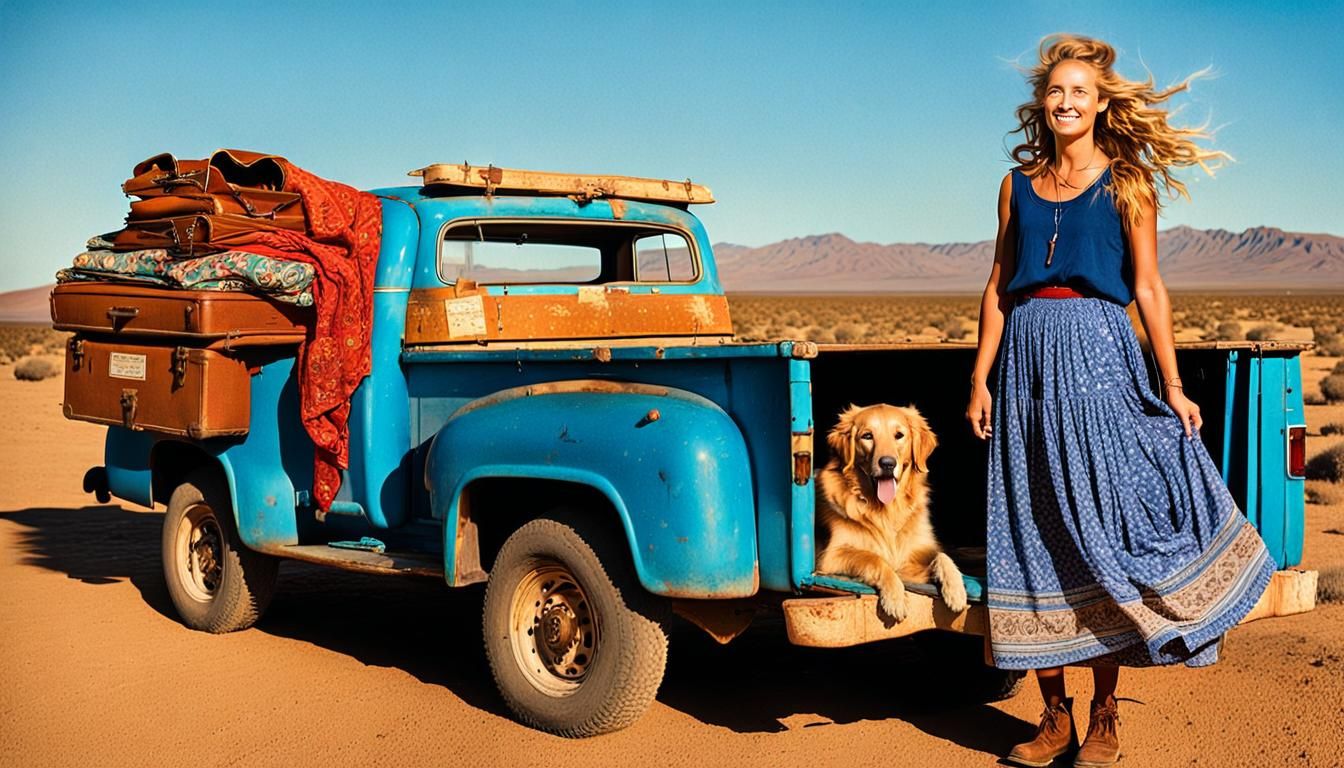 Woman with Dog in Desert, Hyperrealistic 3D Render