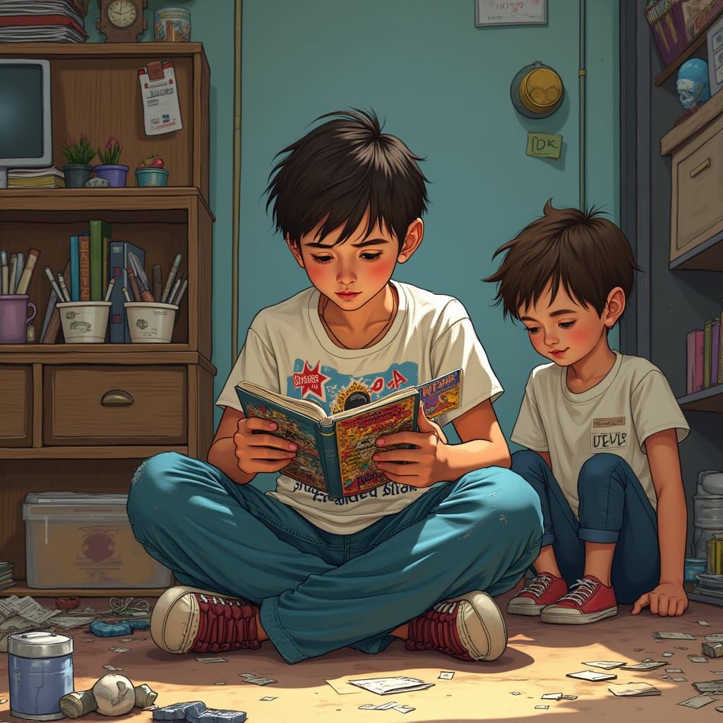 Hyperrealistic Portrait of a Young Man Reading Comic