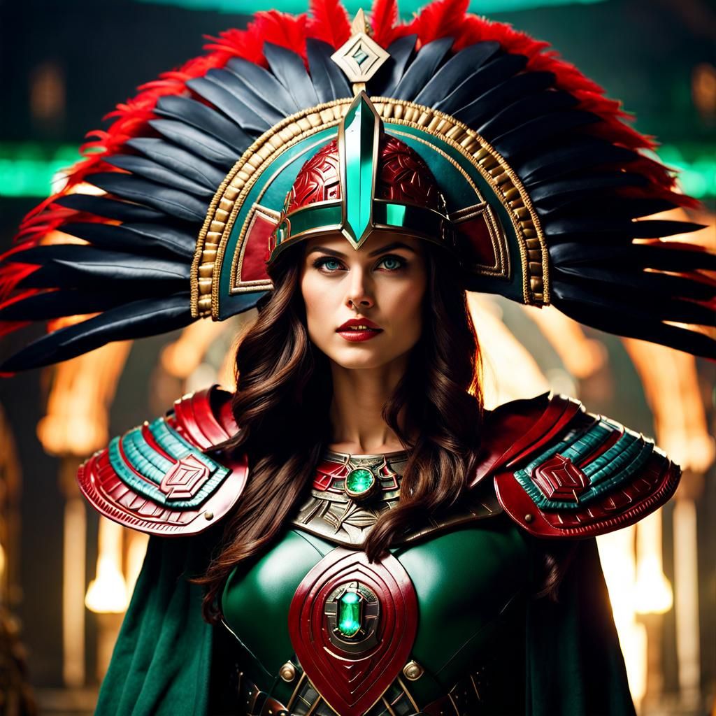 Woman in Cybernetic Armor with Aztec Headdress