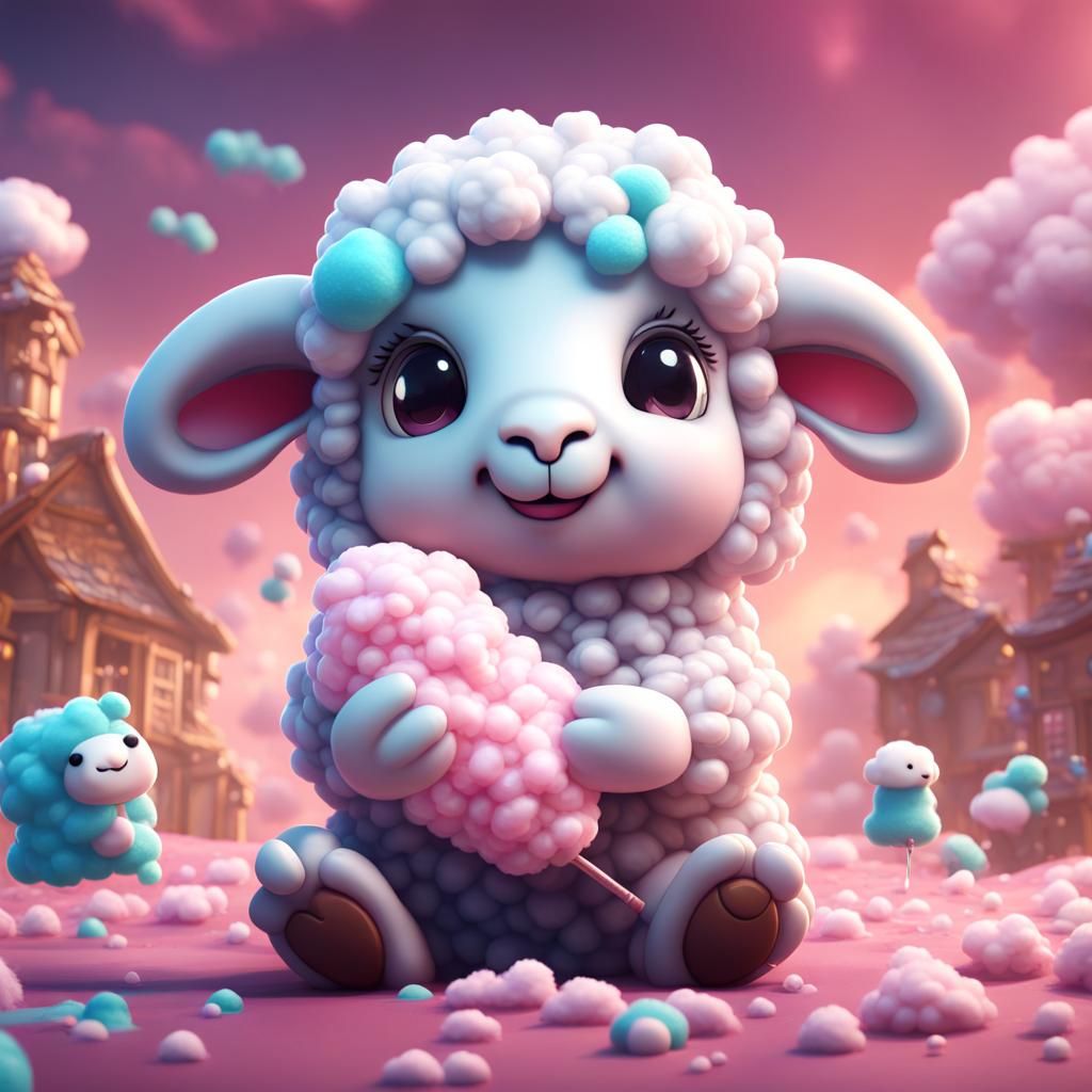 Kawaii Sheep Eating Cotton Candy, Detailed Matte Painting