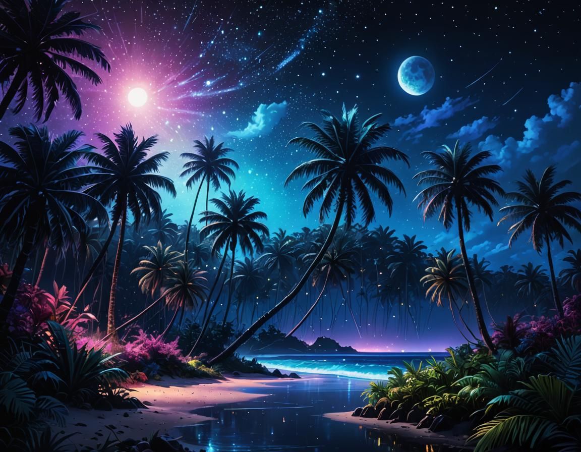 Bioluminescent Palm Forest Under Starry Sky: Anime Style