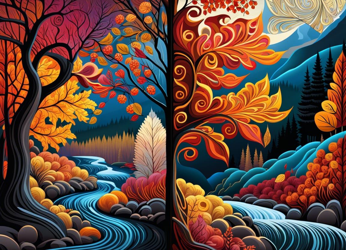 Autumn Forest Meets Winter in Art Nouveau Style