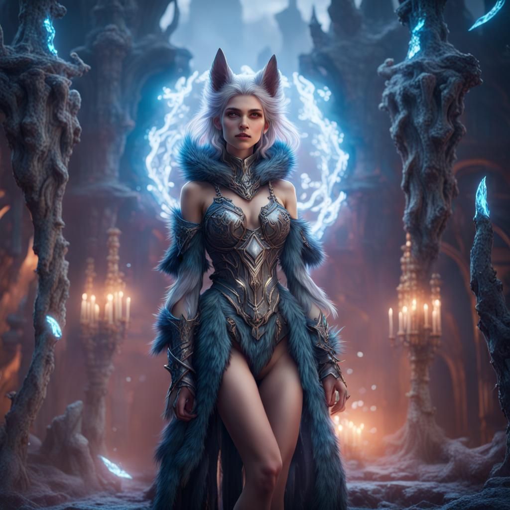 Crystal Wolf Girl in Detailed Matte Painting