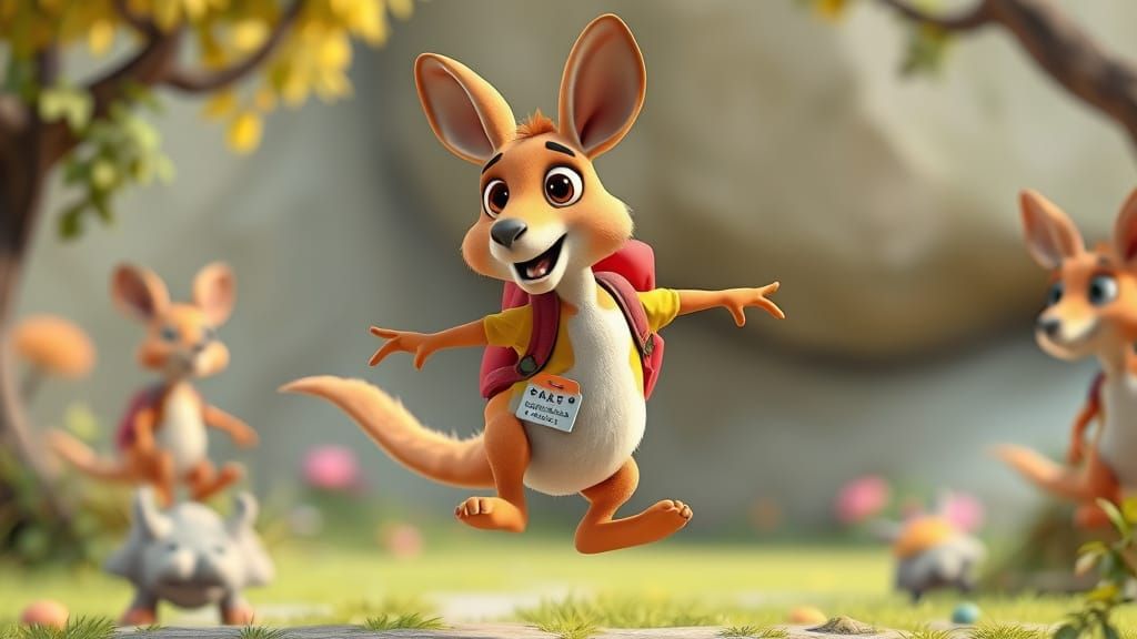 Colorful Cartoon Kangaroo Leads Group in Vibrant 3D Animatio...