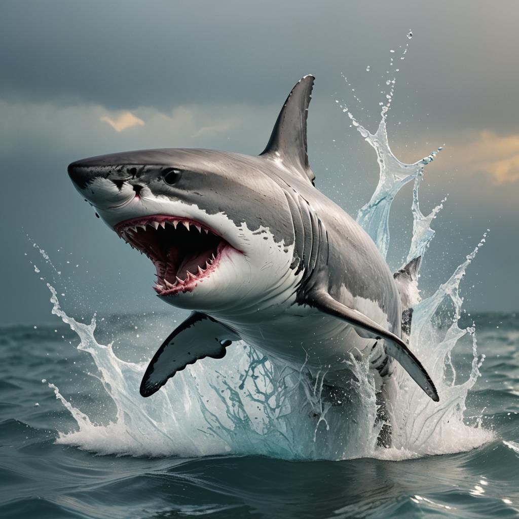 Great White Shark Breaching in Splash Art Style