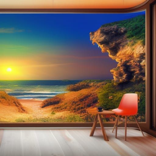 Cozy Library with Ocean Sunset: Fantasy Concept Art