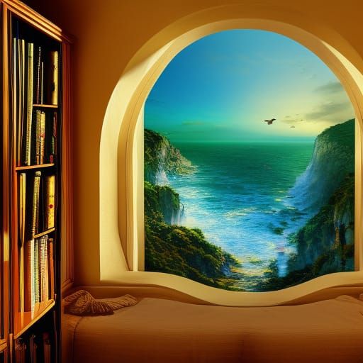 Cozy Library Overlooking Colorful Ocean Sunset