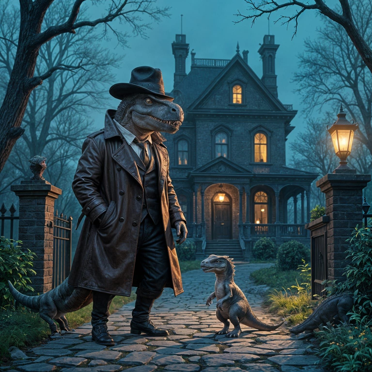 Dinosaur Detective in Victorian Era with Pet Dinosaur