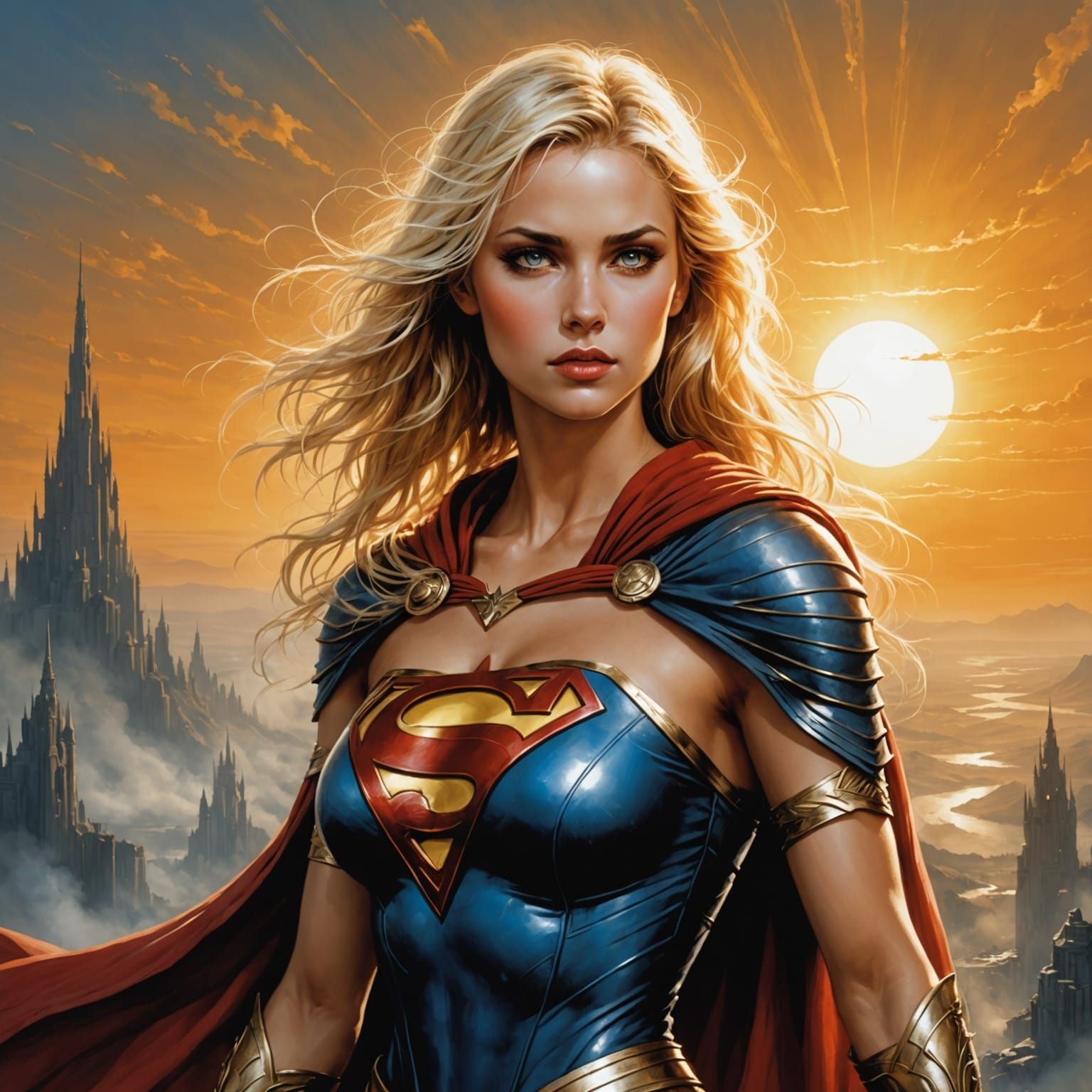 Super Girl at Sunrise in Fantasy Illustration Style