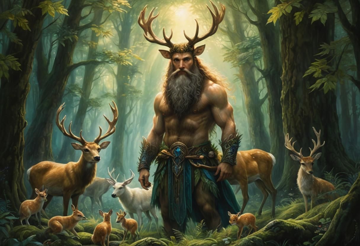 Cernunnos in Forest, Impressionist Acrylic Painting