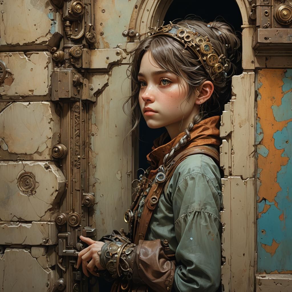 Girl Peeking Around Corner in Steampunk Style