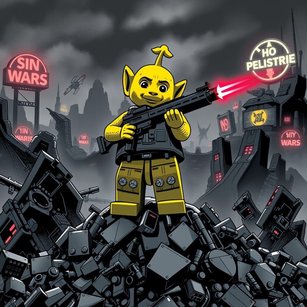 Teletubby Commando in Sin City Noir Landscape