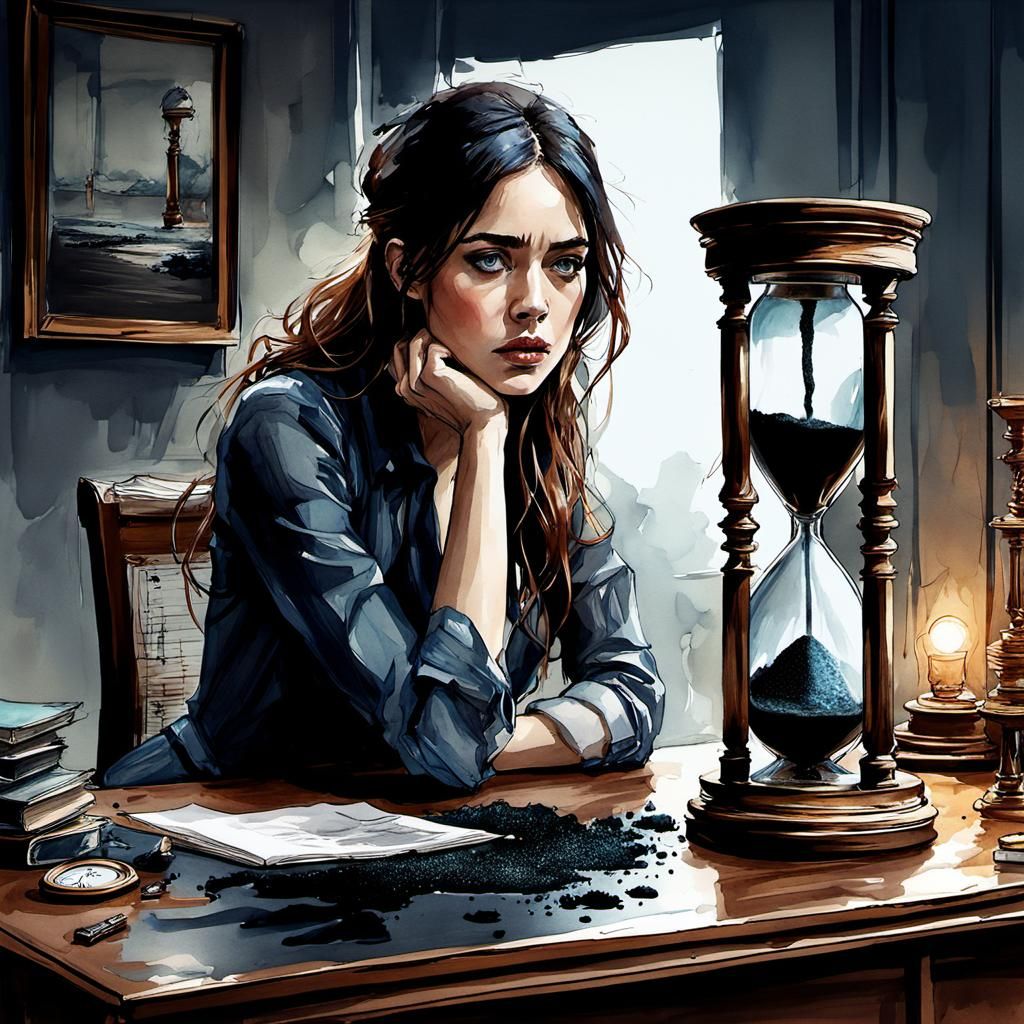 Bored Girl Watching Hourglass in Watercolor Style