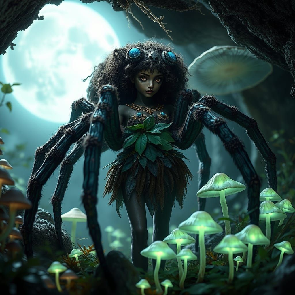 Tarantula Woman in Bioluminescent Grotto