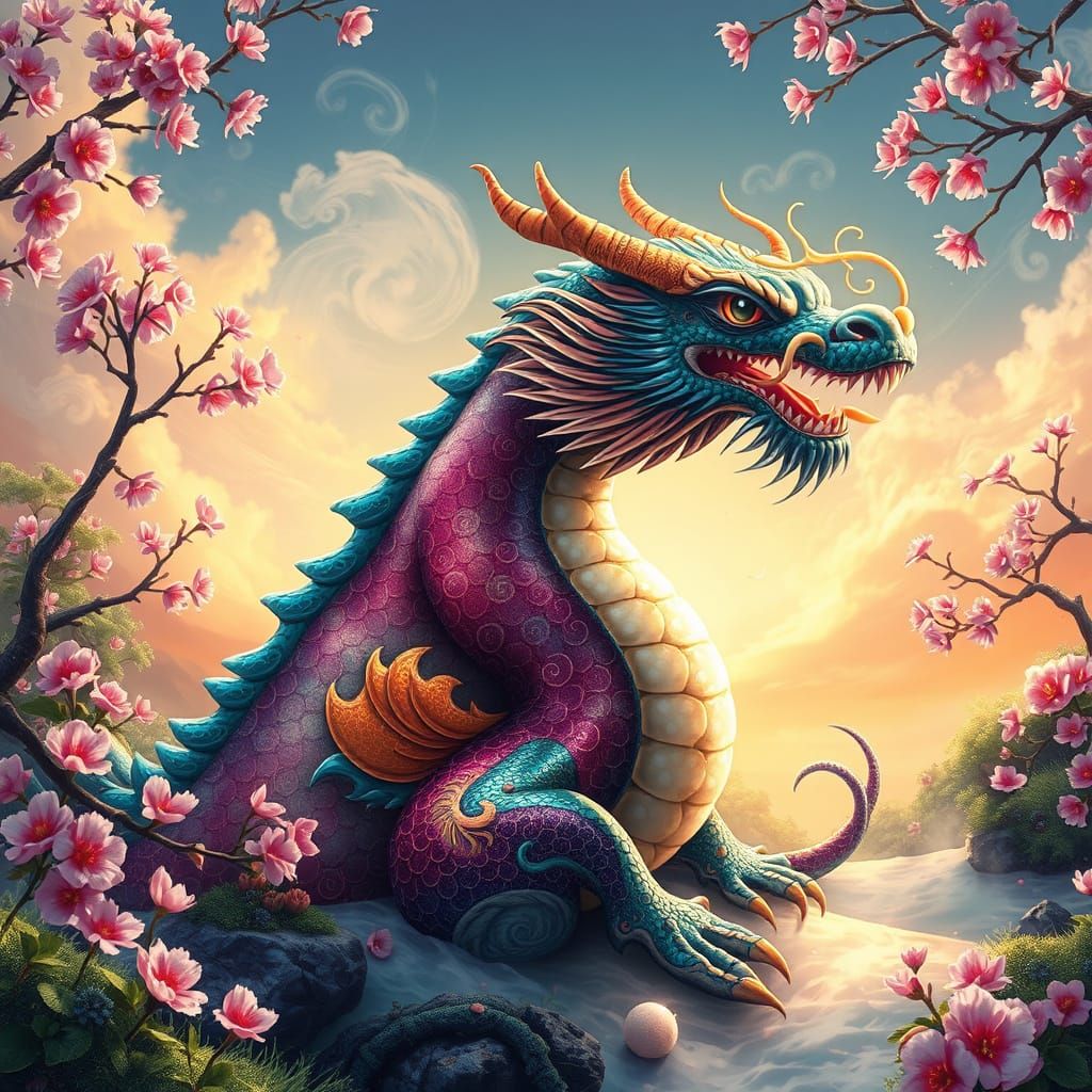 Whimsical Japanese-Inspired Sushi Dragon in Dreamlike Landsc...