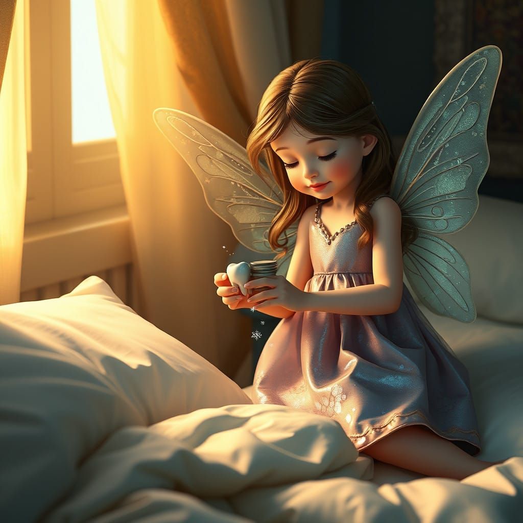 Gentle Tooth Fairy Removes Shiny Tooth, Leaves Coins under P...