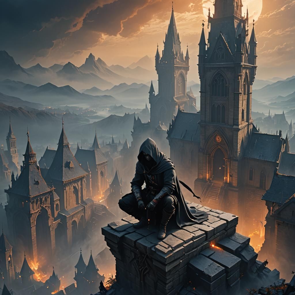 Hooded Assassin on Gothic Spire in Mist