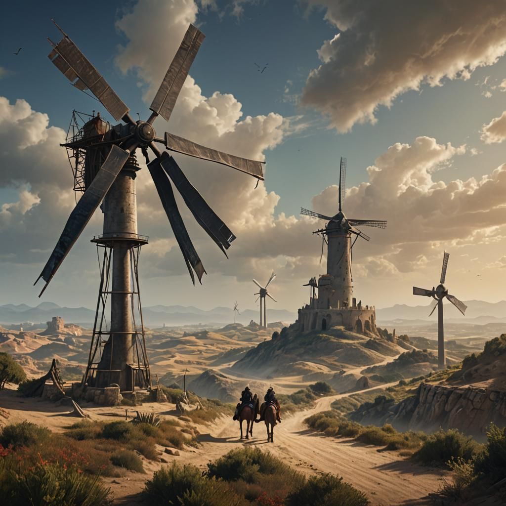 Don Quixote Tilting at Wind Turbine, Digital Art