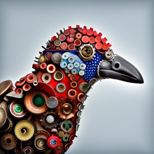 Steampunk Bird Sculpture Made of Bottle Tops