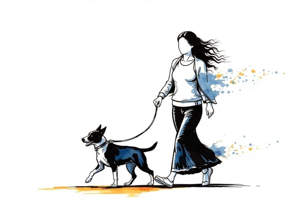 Woman Walking Dog in Watercolor Sketch Style