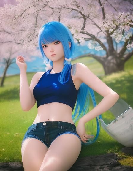 Anime Girl with Blue Hair under Cherry Blossoms