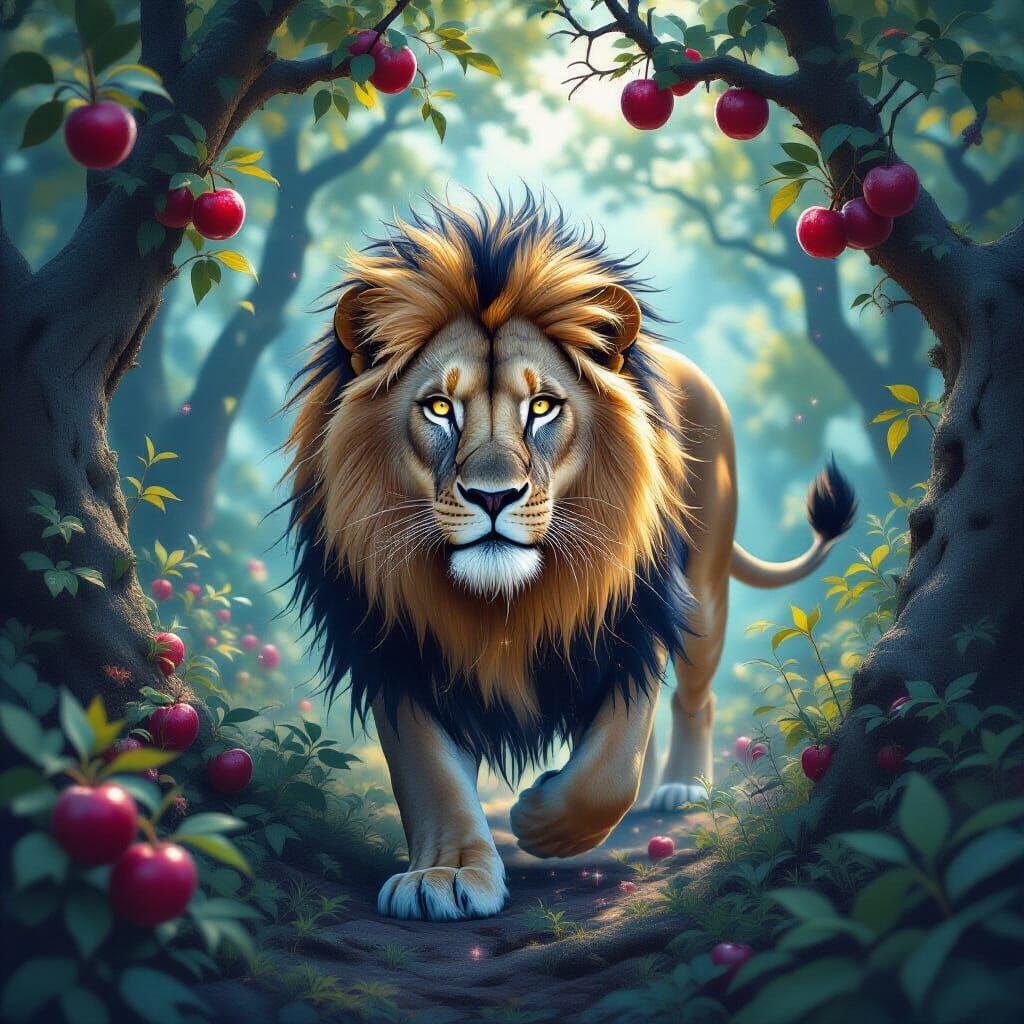 Starlight Lioness in Nebula Forest, Art Nouveau Style