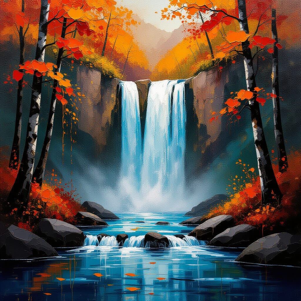 Spectacular Waterfall with Autumn Leaves in Impasto Style