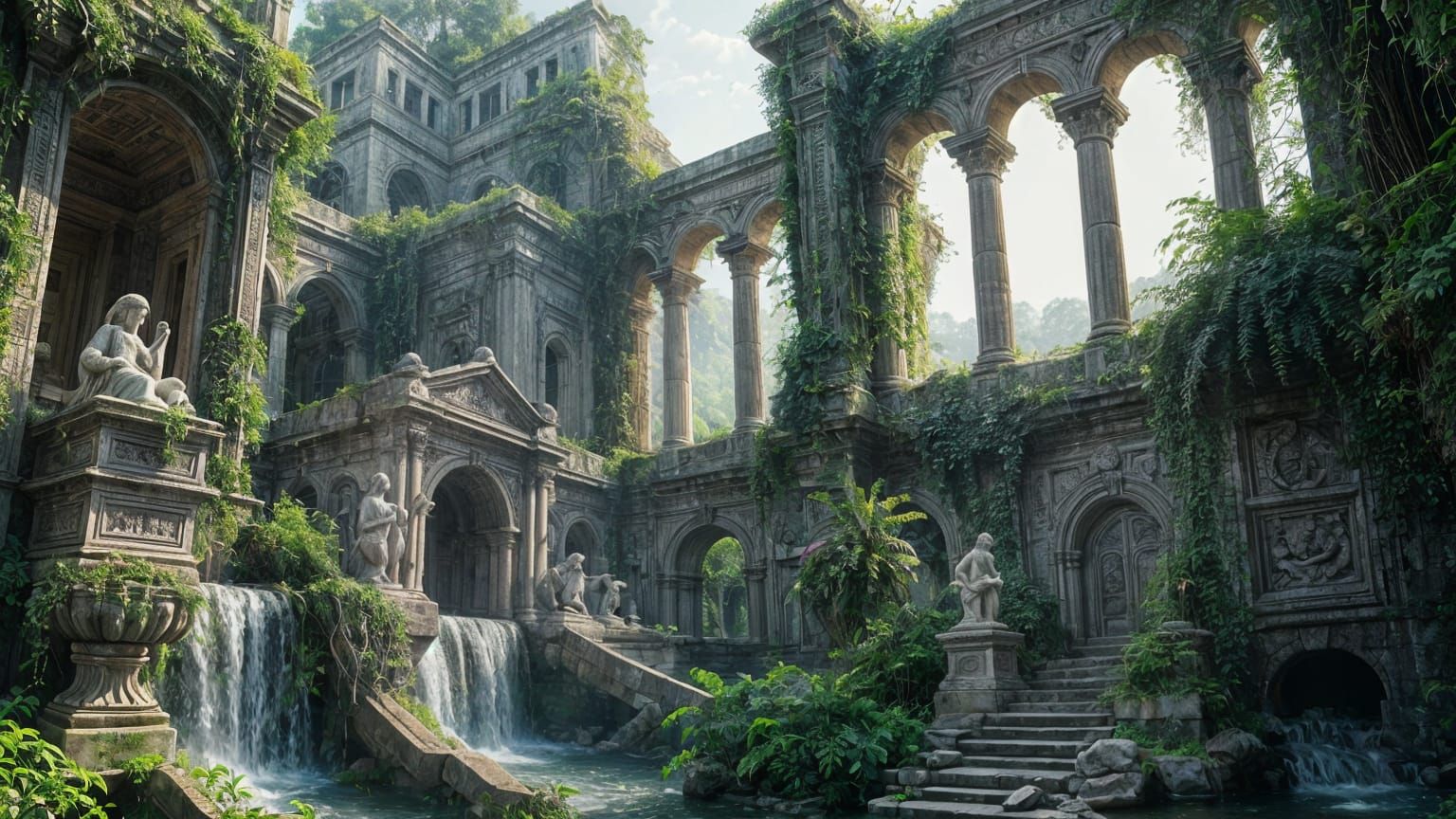Ancient City Reclaimed by Nature in Soft Morning Light