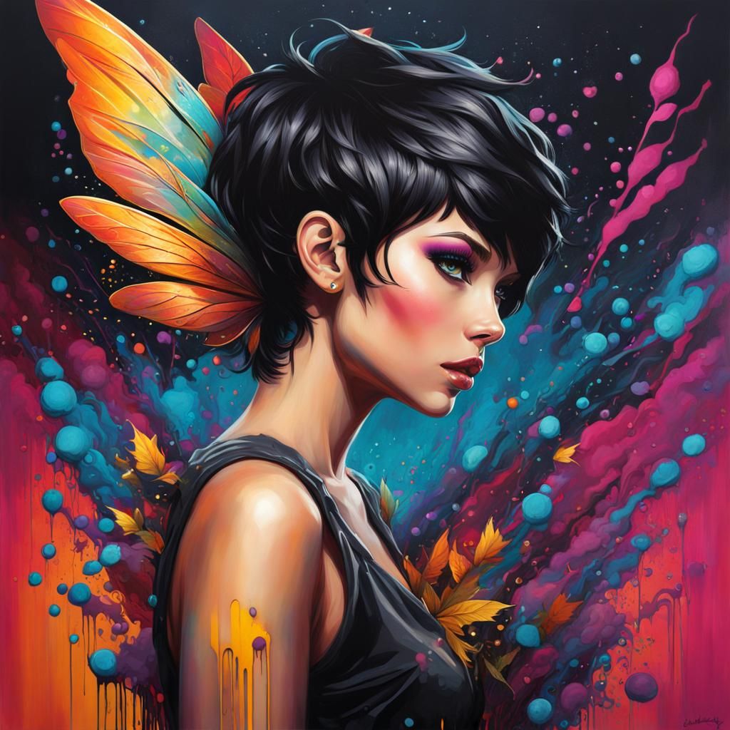 Fairy with Pixie Cut in Graffiti Art Style