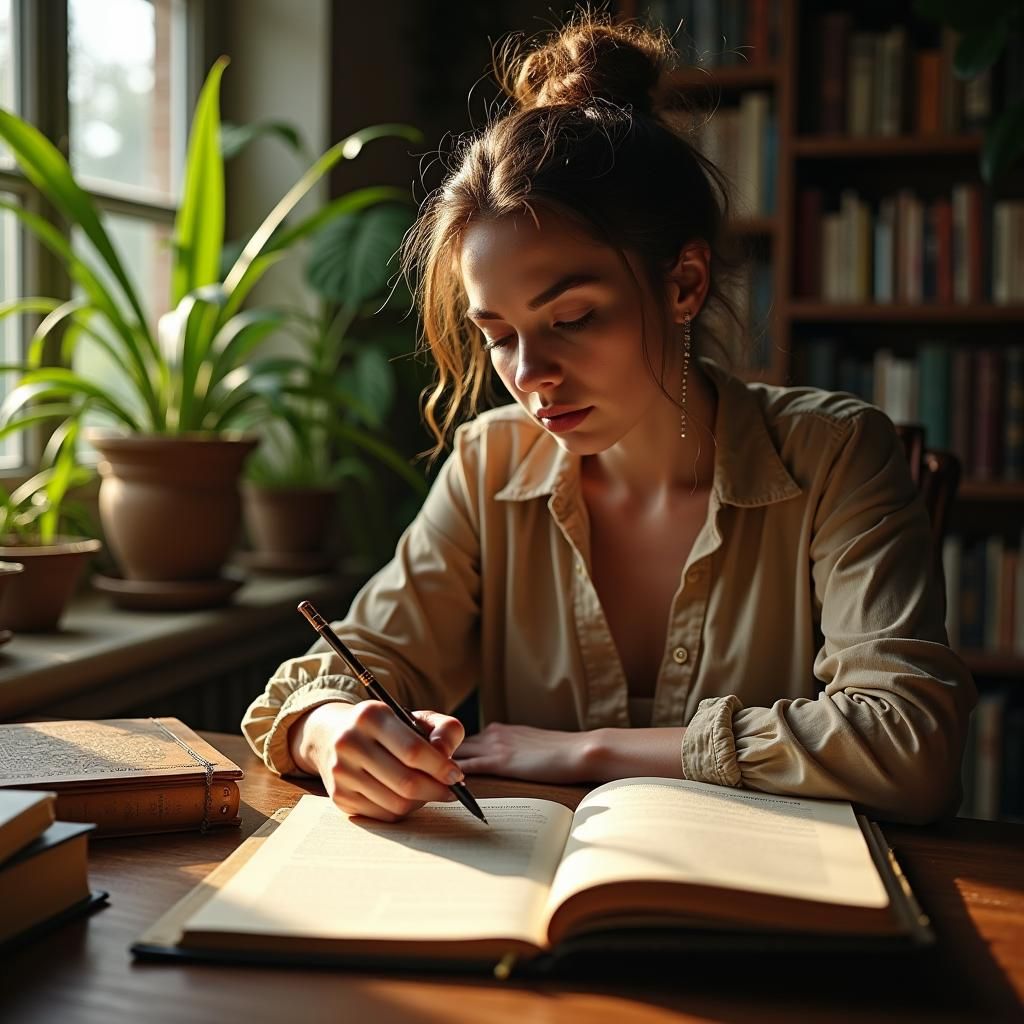 Focused Numerologist in Cozy Study, Rembrandt-Inspired Reali...