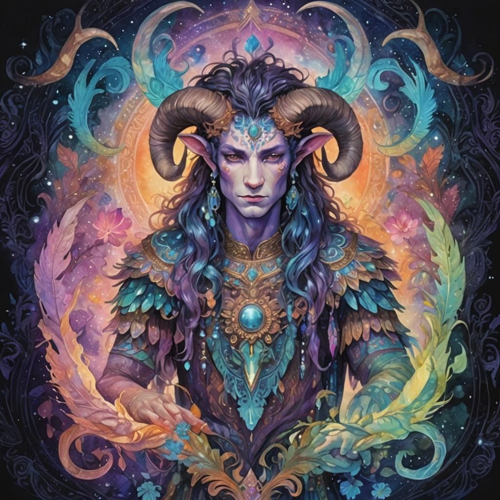 Divine Satyr Portrait in Fantasy Watercolor Style