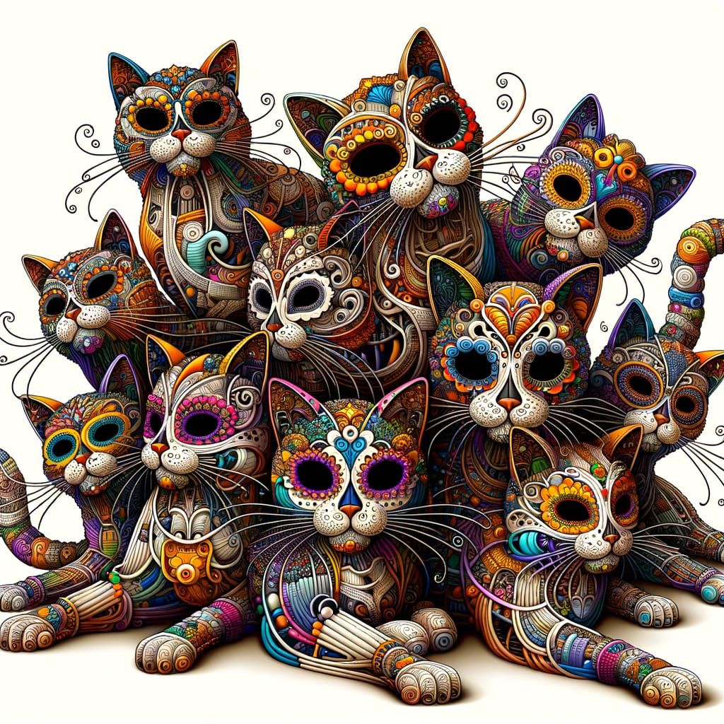 Cats in Vibrant Day of the Dead Masks Unite in Whimsical Vec...